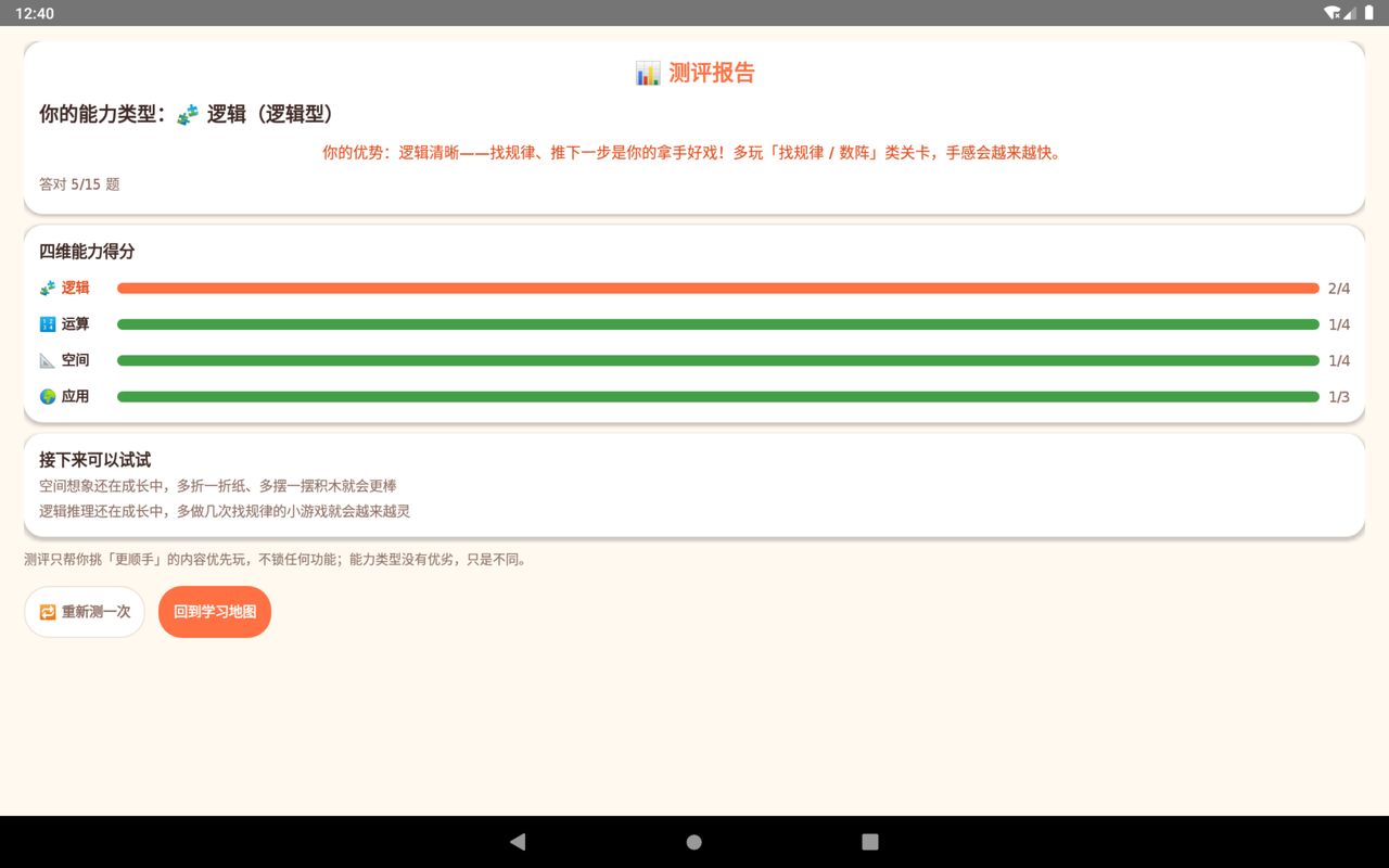 测评报告：能力类型、四维得分、成长建议